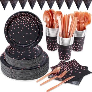 black and rose gold party supplies 169 pieces, rose gold dot black paper plates, napkins, cups, cutlery, banner for graduation, birthday, cocktail party, retirement party, serve 24
