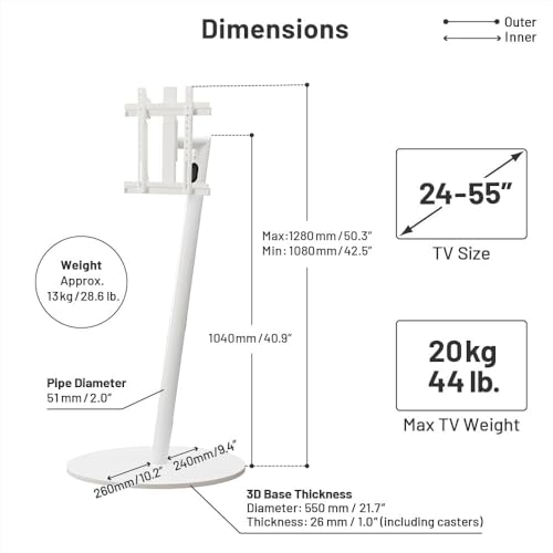 WALL A2 High Type | Japanese Rolling Portable Free-Standing 24-55 Inch Universal TV Stand with Concealed Caster Wheels | Satin White