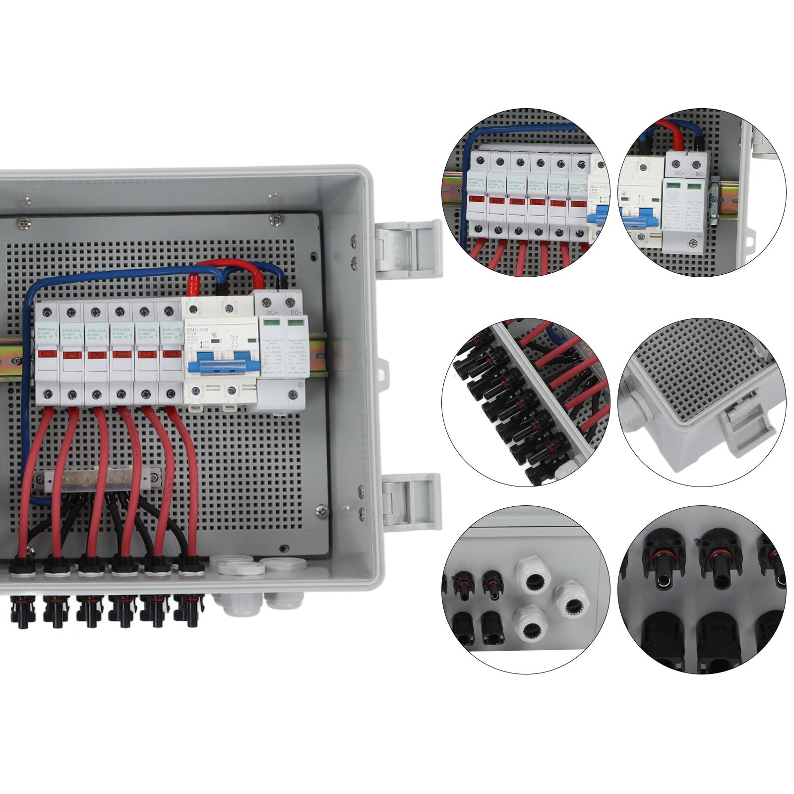 PV Combiner Box, 6 String Solar Combiner Box with 100A Circuit Breaker, 15A Rated Current and 40KA Protective Device IP67 Waterproof for On Off Grid Solar Panel System