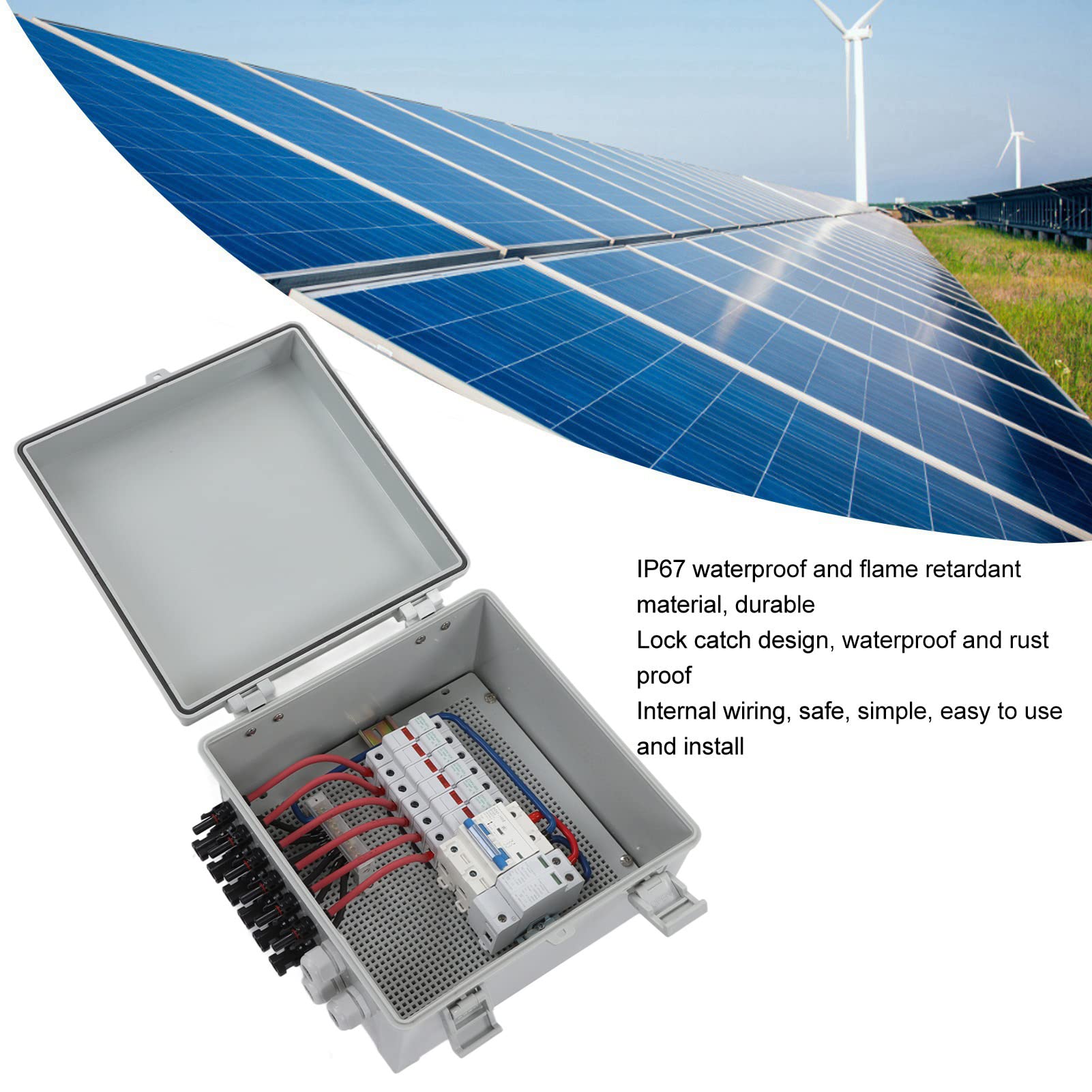 PV Combiner Box, 6 String Solar Combiner Box with 100A Circuit Breaker, 15A Rated Current and 40KA Protective Device IP67 Waterproof for On Off Grid Solar Panel System