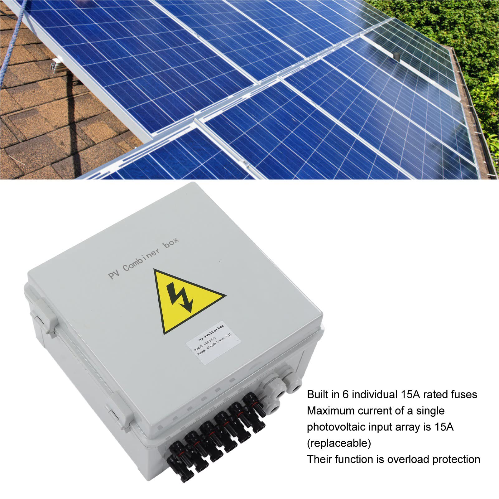 PV Combiner Box, 6 String Solar Combiner Box with 100A Circuit Breaker, 15A Rated Current and 40KA Protective Device IP67 Waterproof for On Off Grid Solar Panel System