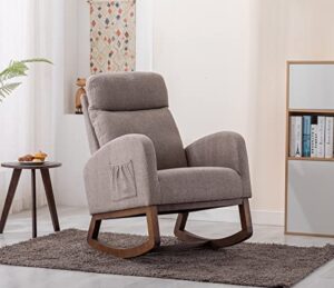 kinffict comfy rocking chair, upholstered accent glider rocker for baby nursery or relaxation, living room armchair with high back and headrest, modern rocking glider with side pocket, grey