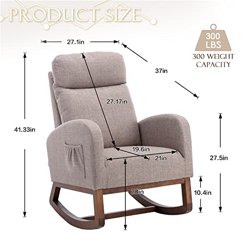 KINFFICT Comfy Rocking Chair, Upholstered Accent Glider Rocker for Baby Nursery or Relaxation, Living Room Armchair with High Back and Headrest, Modern Rocking Glider with Side Pocket, Grey