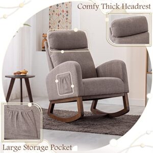 KINFFICT Comfy Rocking Chair, Upholstered Accent Glider Rocker for Baby Nursery or Relaxation, Living Room Armchair with High Back and Headrest, Modern Rocking Glider with Side Pocket, Grey