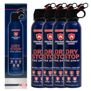 dry stop fire spray by prepared hero - 4 pack - portable fire extinguisher for home, car, garage, kitchen - works on electrical, grease, battery fires & more - compact, easy to use