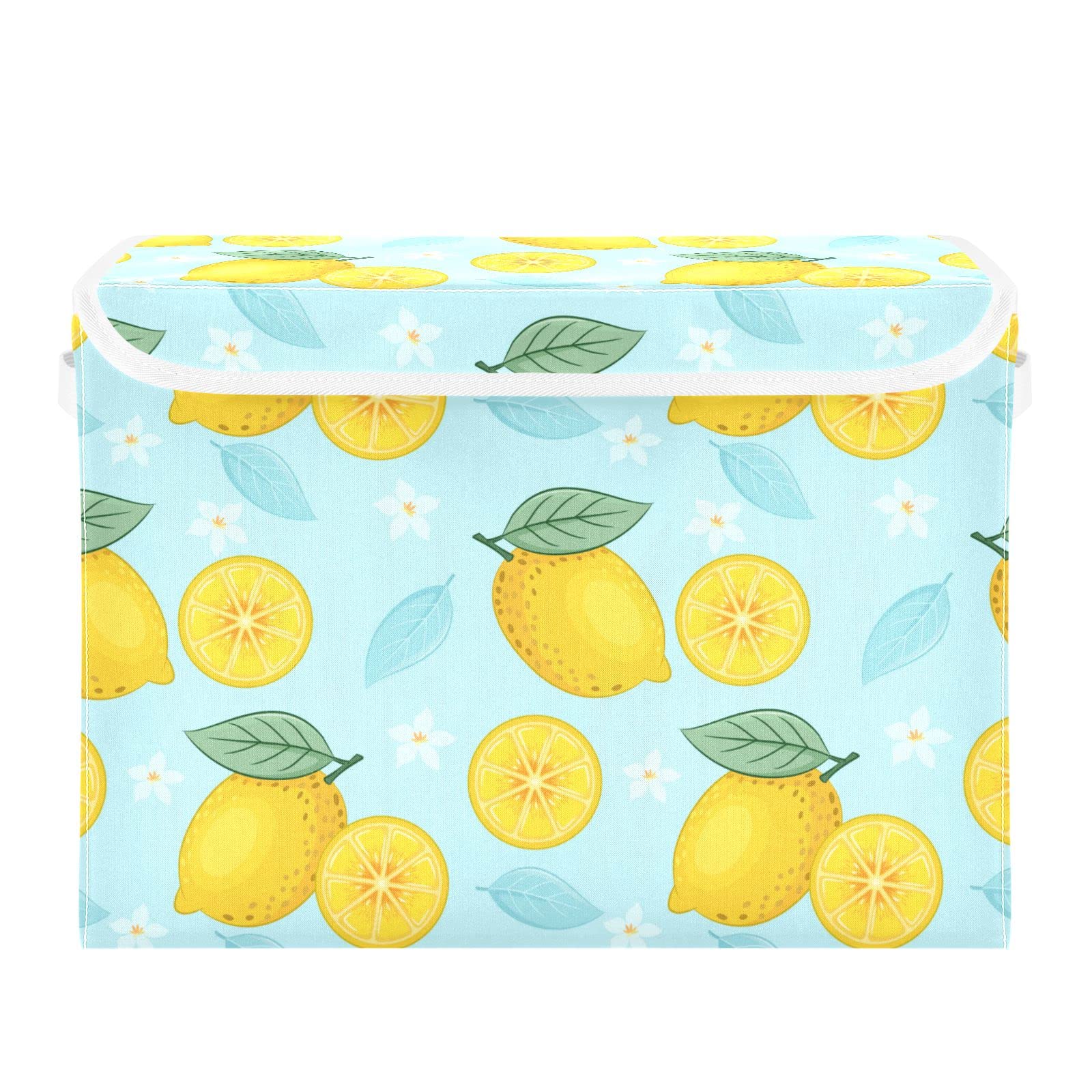 Tatenale Collapsible Storage Bins with Lids Decorative Fabric Storage Cubes Closet Organizer and Storage Basket Boxes Containers for Clothes Box Chest Nursery Folding Rectangle Lemon Light Blue