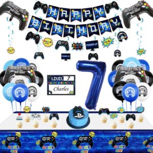 video game party decorations - 7th birthday decorations for boys, happy birthday banner, video game balloons, number 7 blue balloons, gaming hanging swirls, game on birthday party supplies