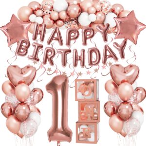 rubfac 1st birthday rose gold baby shower decorations for girl rose gold balloons 1st one boxes foil balloon hanging swirls for baby 1st birthday party