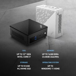 MSI Cubi 5 Mini PC: Intel Core i7-12550U, 16GB DDR4 (2x8GB) 2666MHz, 512GB SSD, WiFi 6E, BT 5.2, Thunderbolt Type-C, Dual Display, Energy Efficient, Black, Windows 11Pro: 12M-027US