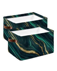 marble emerald green cube storage organizer bins with handles, 15x11x9.5 inch collapsible canvas cloth fabric storage basket, modern abstract gold art books kids' toys bin boxes for shelves, closet