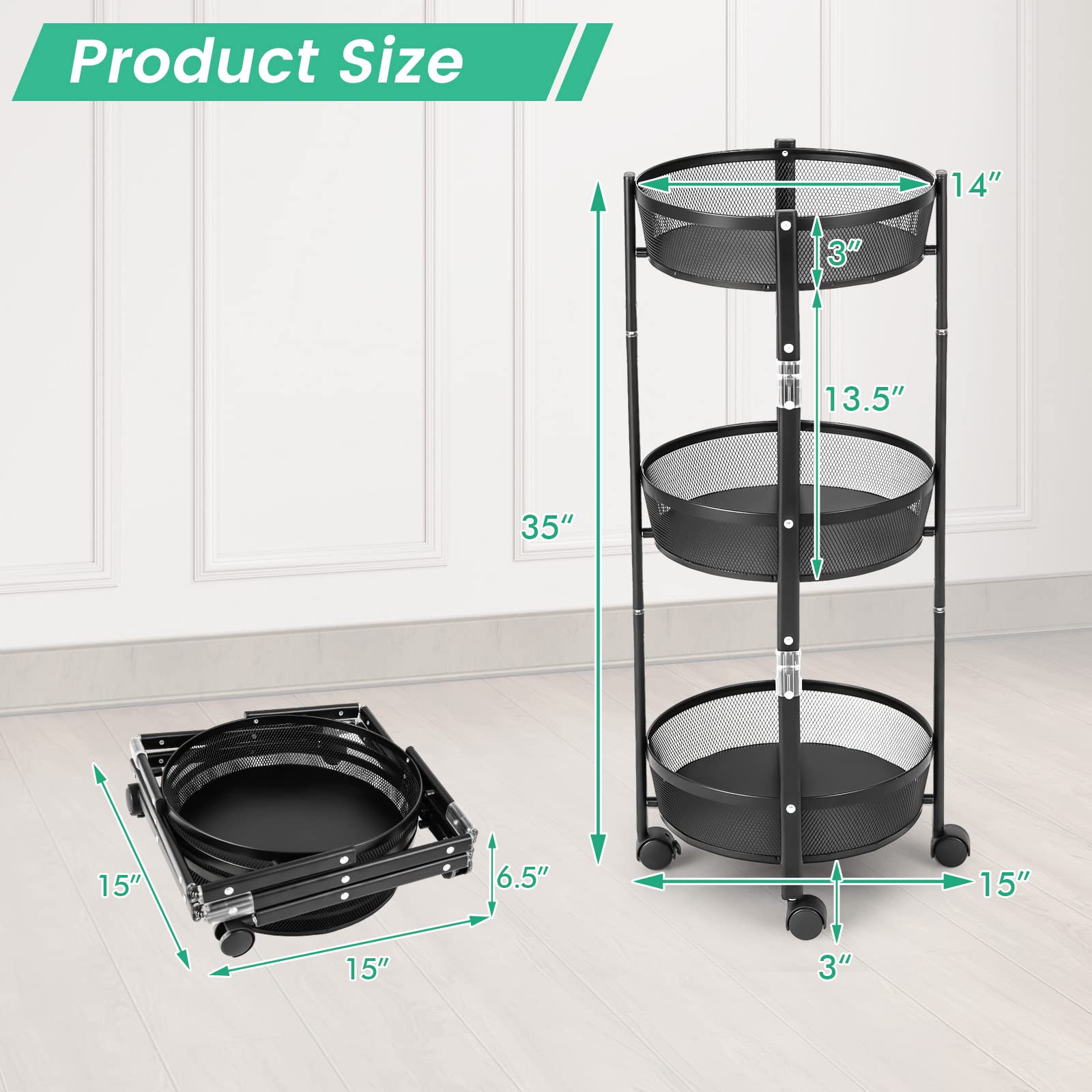 Giantex 3-Tier Fruit Vegetable Basket with Rollers - 35" Tall No Assembly Required Metal Wire Storage Organizer Trolley Cart, Tool-Free Assembly One-Second Folding Utility Cart with Wheels