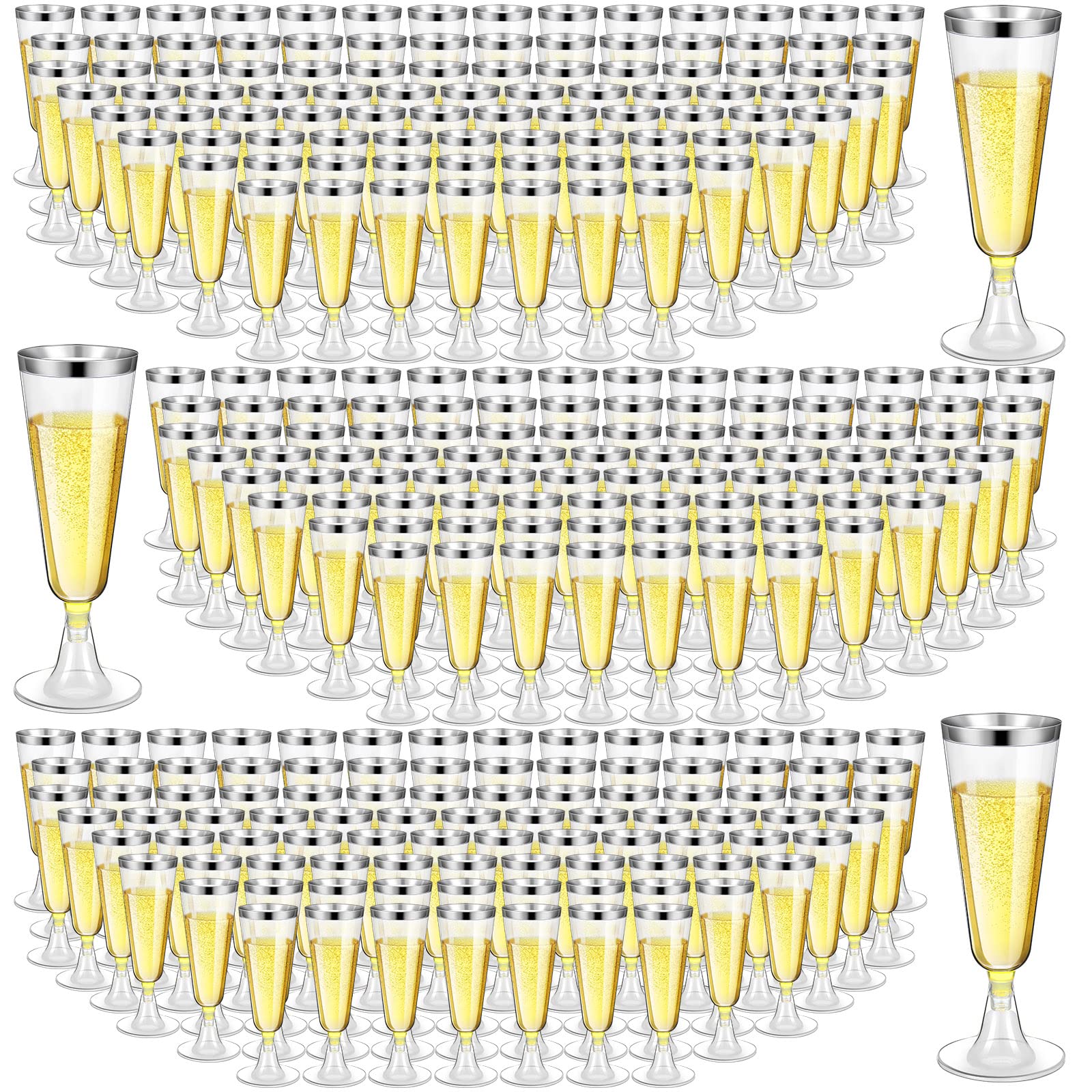 Gerrii 300 Pcs Plastic Champagne Flutes Bulk, 4.5 oz Clear Disposable Champagne Flutes, Rimmed Toasting Champagne Glasses for Wedding Birthday Anniversary Celebration Party Wine (Silver Rim)