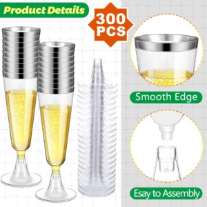 Gerrii 300 Pcs Plastic Champagne Flutes Bulk, 4.5 oz Clear Disposable Champagne Flutes, Rimmed Toasting Champagne Glasses for Wedding Birthday Anniversary Celebration Party Wine (Silver Rim)