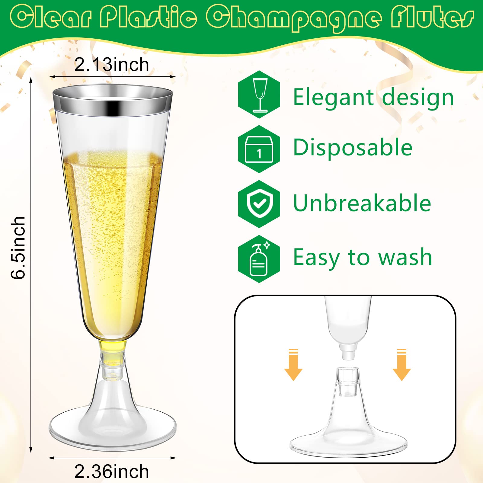 Gerrii 300 Pcs Plastic Champagne Flutes Bulk, 4.5 oz Clear Disposable Champagne Flutes, Rimmed Toasting Champagne Glasses for Wedding Birthday Anniversary Celebration Party Wine (Silver Rim)