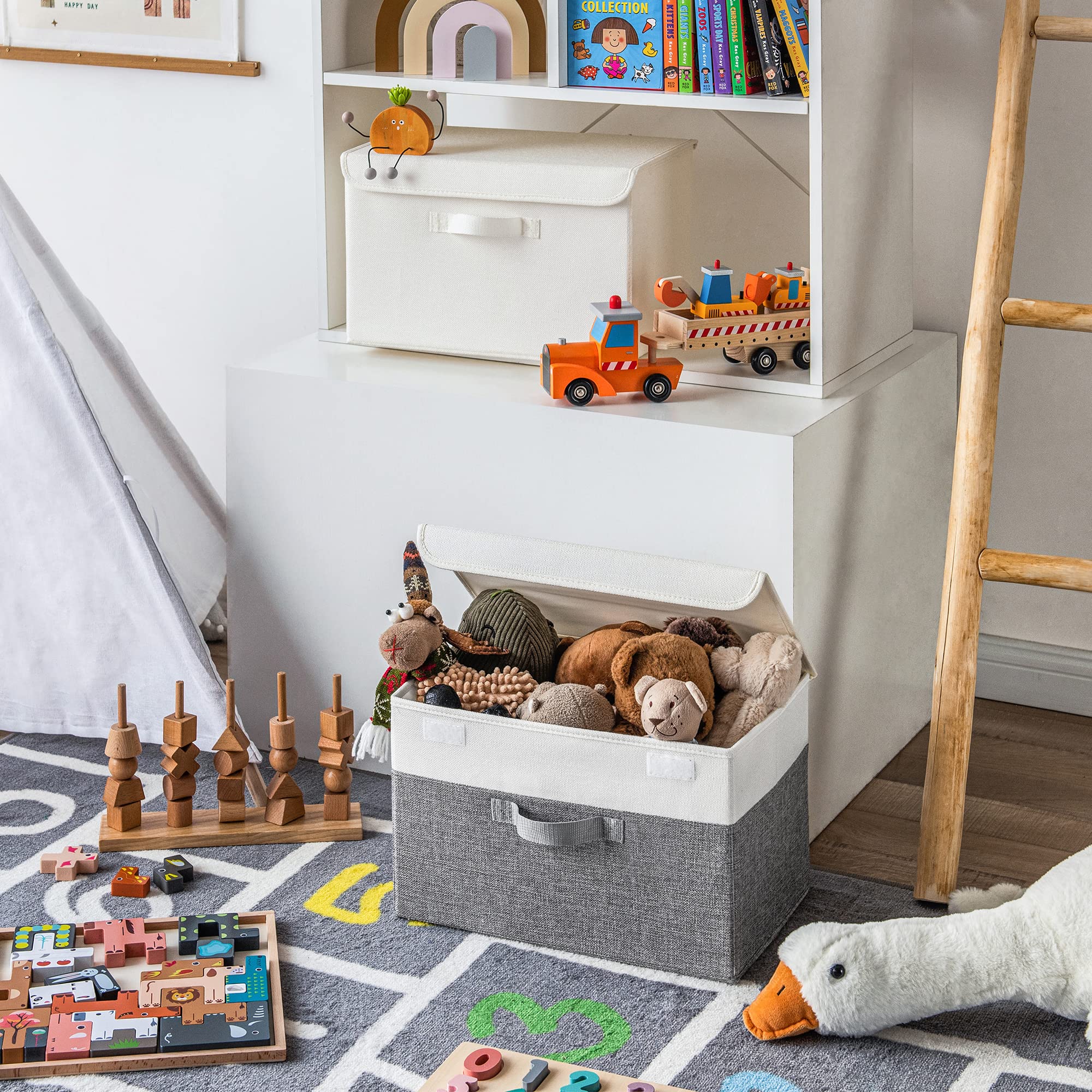 GRANNY SAYS Fabric Storage Boxes, Large Storage Bins with Lids, Toy Storage Organizer, Closet Storage Baskets for Shelves Organizing Bookcase Entryway Wardrobe, White/Gray, 2-Pack