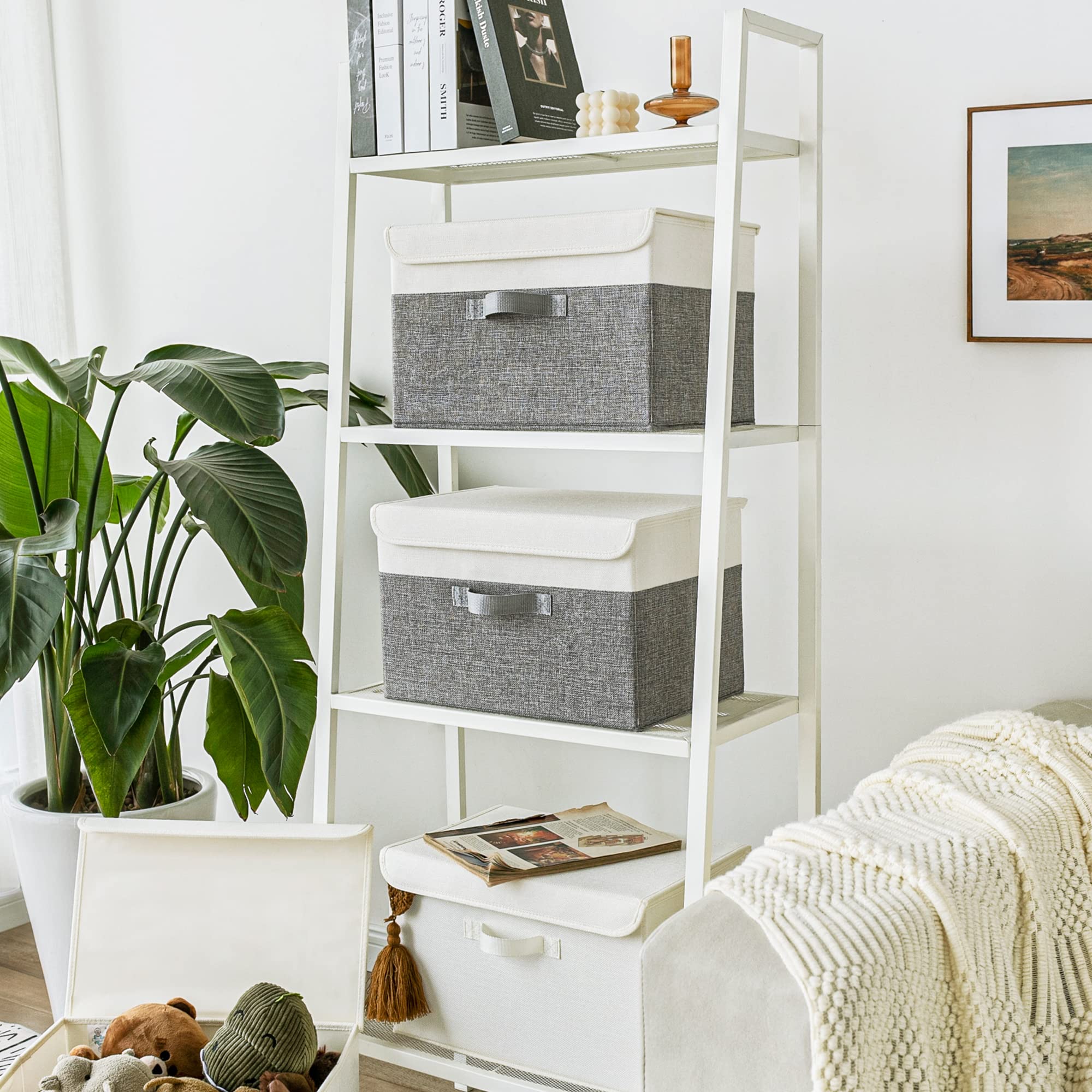 GRANNY SAYS Fabric Storage Boxes, Large Storage Bins with Lids, Toy Storage Organizer, Closet Storage Baskets for Shelves Organizing Bookcase Entryway Wardrobe, White/Gray, 2-Pack