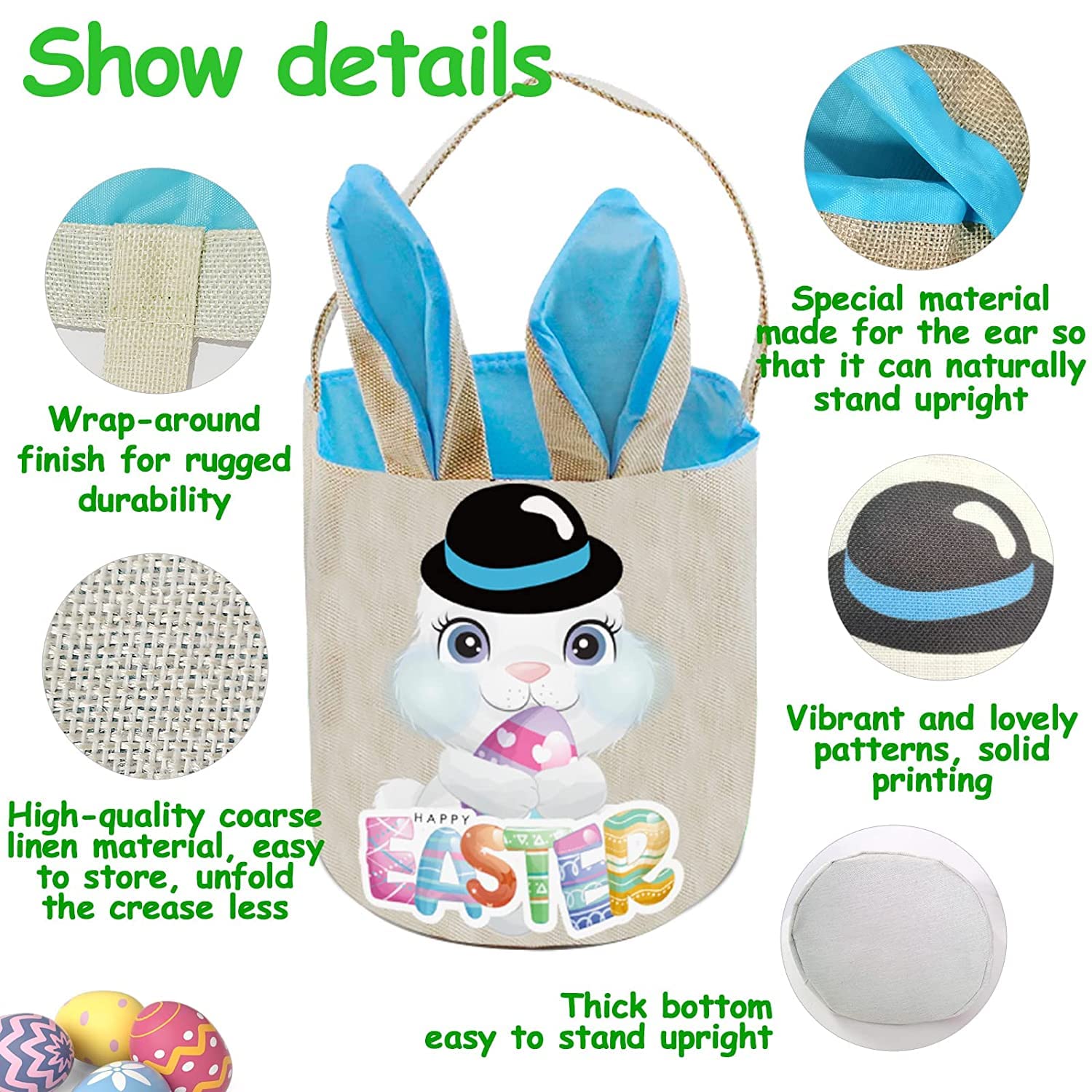 PADELO Easter Basket for Kids, Cute Easter Bucket Stuffers Bags with Bunny Ears for Easter Eggs Hunting, Easter Party Decorations, Candy Gifts Storage, Blue Easter Baskets