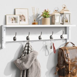 ambird coat rack wall mount with shelf, 28.9 inches coat hooks wall mounted with 5 hooks, hat wall hooks for hanging in entryway, living room, bathroom, bedroom (white, 28.9 * 4.5 inches)