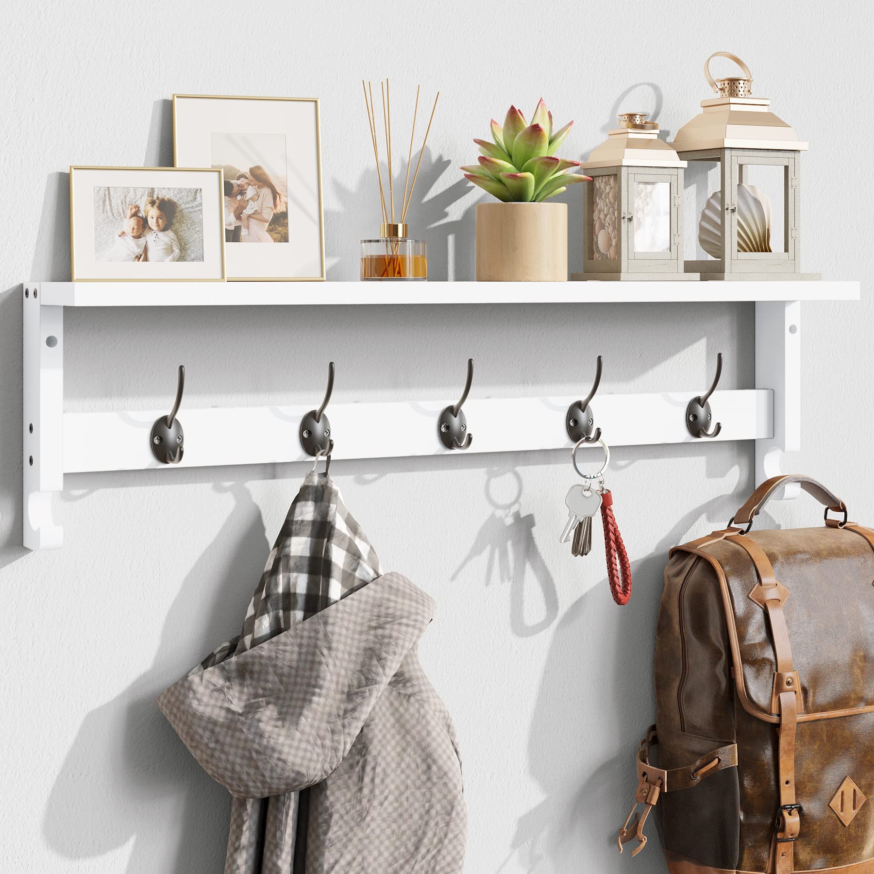 AMBIRD Coat Rack Wall Mount with Shelf, 28.9 Inches Coat Hooks Wall Mounted with 5 Hooks, Hat Wall Hooks for Hanging in Entryway, Living Room, Bathroom, Bedroom (White, 28.9 * 4.5 inches)