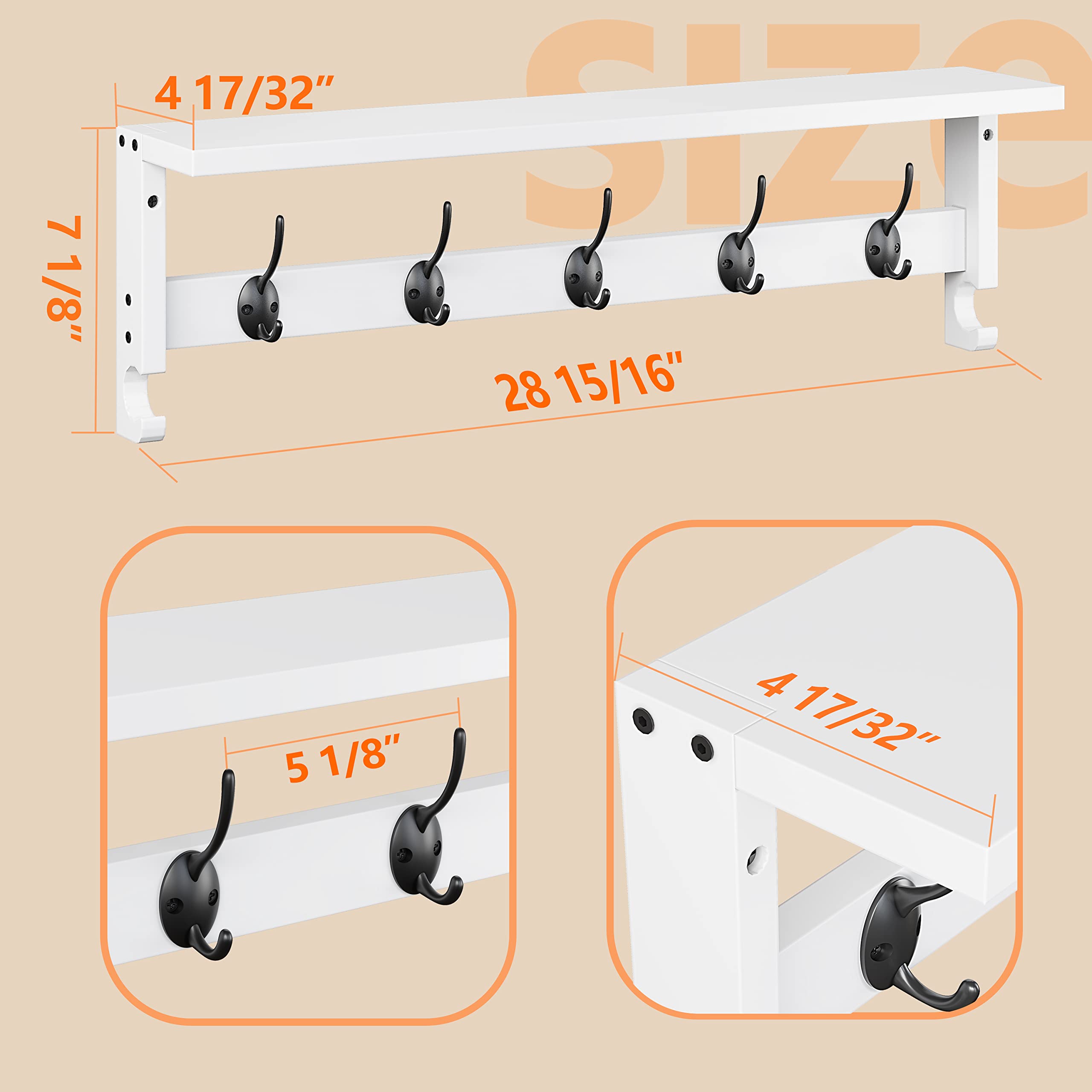 AMBIRD Coat Rack Wall Mount with Shelf, 28.9 Inches Coat Hooks Wall Mounted with 5 Hooks, Hat Wall Hooks for Hanging in Entryway, Living Room, Bathroom, Bedroom (White, 28.9 * 4.5 inches)