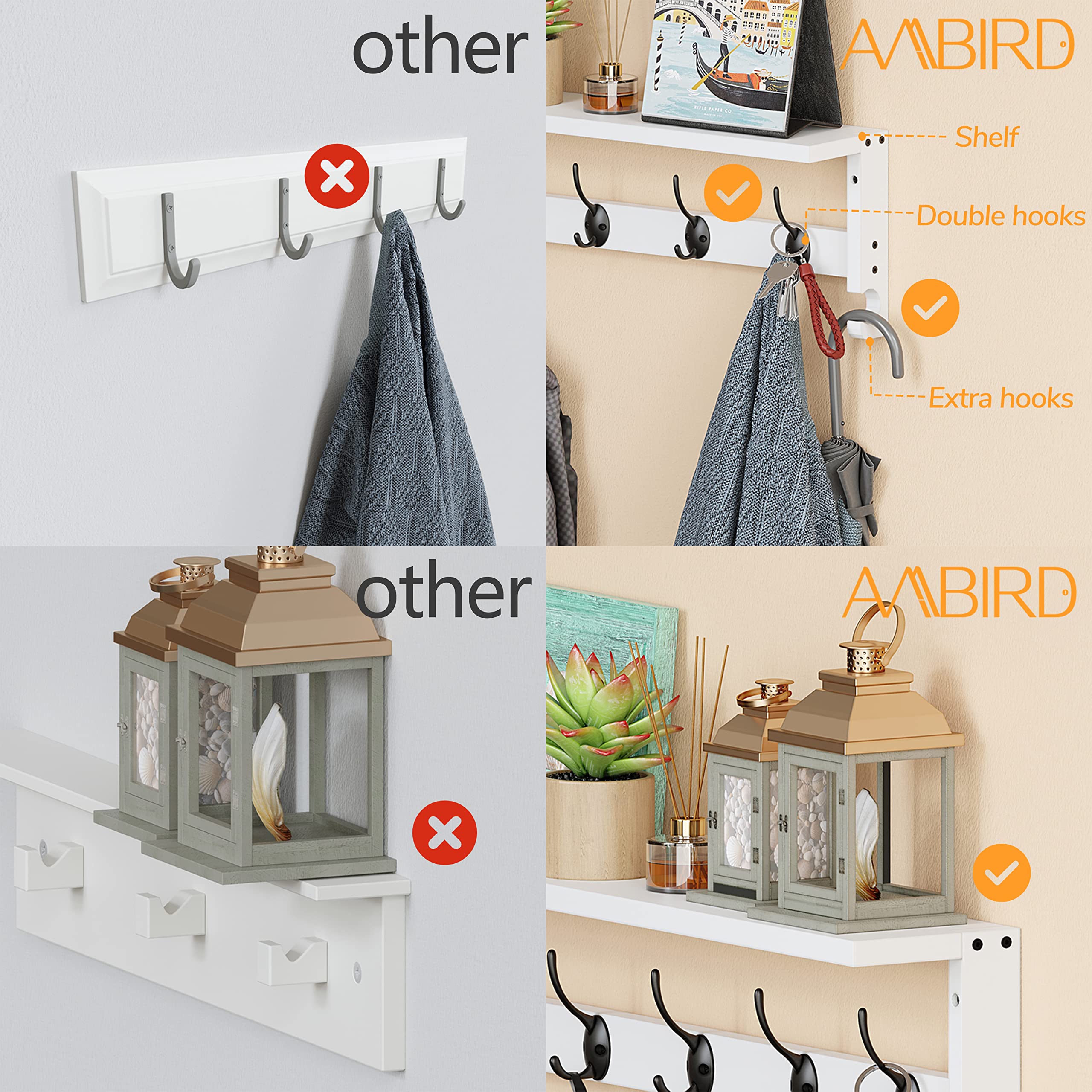 AMBIRD Coat Rack Wall Mount with Shelf, 28.9 Inches Coat Hooks Wall Mounted with 5 Hooks, Hat Wall Hooks for Hanging in Entryway, Living Room, Bathroom, Bedroom (White, 28.9 * 4.5 inches)