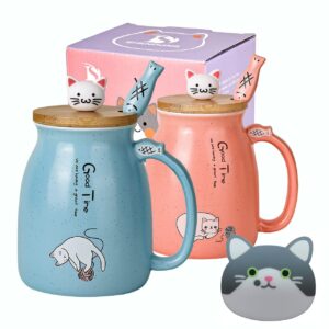 shendong 2 pack cat mugs cute ceramic coffee cups set of 2 with kawaii bamboo lid and spoon novelty morning cup coffee milk tea mugs - 3d animal cat mugs for cat lovers women gifts(blue and red)