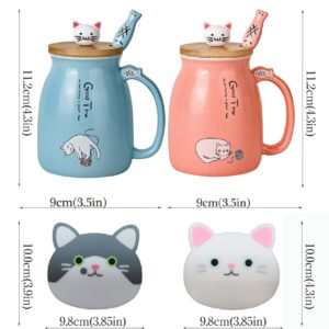 SHENDONG 2 Pack Cat Mugs Cute Ceramic Coffee Cups Set of 2 with Kawaii Bamboo Lid and Spoon Novelty Morning Cup Coffee Milk Tea Mugs - 3d Animal Cat Mugs for Cat Lovers Women Gifts(Blue and Red)