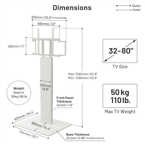 WALL V5 High Type | Japanese Rolling Portable Free-Standing 32-80 Inch Universal TV Stand with Concealed Caster Wheels | Satin White