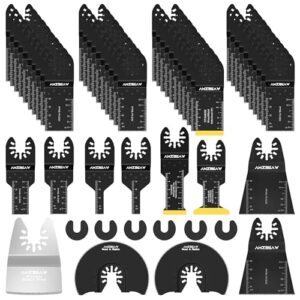 amzbsaw 52 pcs oscillating saw blades, new premium universal multitool blades for wood metal and plastic, quick release multi tool blades kits fit dewalt bosch worx milwaukee makita wen ryobi