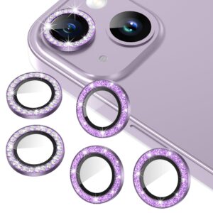 agvee 3+3 for iphone 14 6.1" / 14 plus 6.7" camera lens protector, bling diamond & bling glitter metal ring 9h tempered hd glass camera protector cover film, bling-purple