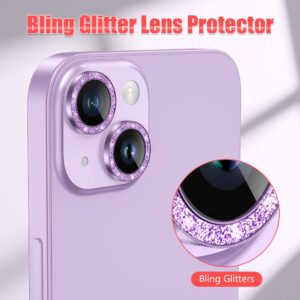 AGVEE 3+3 for iPhone 14 6.1" / 14 Plus 6.7" Camera Lens Protector, Bling Diamond & Bling Glitter Metal Ring 9H Tempered HD Glass Camera Protector Cover Film, Bling-Purple