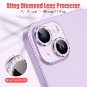 AGVEE 3+3 for iPhone 14 6.1" / 14 Plus 6.7" Camera Lens Protector, Bling Diamond & Bling Glitter Metal Ring 9H Tempered HD Glass Camera Protector Cover Film, Bling-Purple