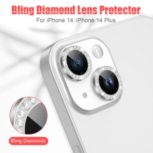 AGVEE 3+3 for iPhone 14 6.1" / 14 Plus 6.7" Camera Lens Protector, Bling Diamond & Bling Glitter Metal Ring 9H Tempered HD Glass Camera Protector Cover Film, Bling-Silver