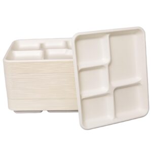 emlifepak small and shallow 10.25 * 8.25inch 5 compartment plates 125pack, disposable 5 section eco friendly sugarcane divided plates,school lunch tray and disposable plates with compartment