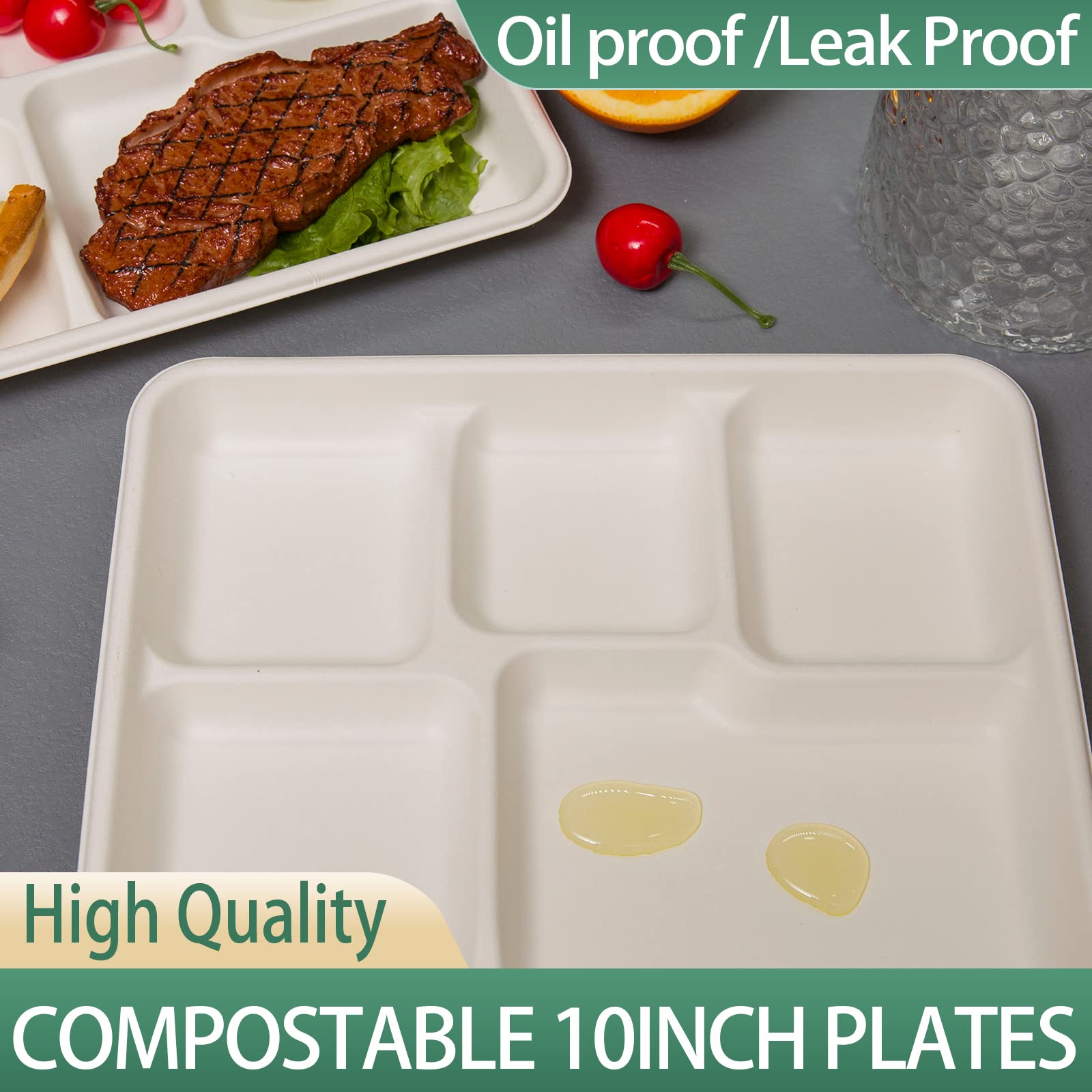 emlifepak Small and Shallow 10.25 * 8.25inch 5 Compartment Plates 125pack, Disposable 5 Section eco friendly Sugarcane Divided Plates,School Lunch Tray And Disposable Plates With Compartment