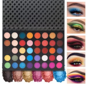 rechoo 40 colors eye makeup eyeshadow palette, bright color matte eye shadow blue red purple bright color with sequins shimmer metallic pigmented paleta