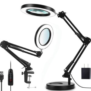 Qsky Magnifying Glass with Light and Stand, 10X Magnifying Lamp, 2-in-1 Desk Lamp with Clamp,3 Color Modes & Stepless Dimmable, LED Lighted Magnifier for Reading, Crafts, Repair Work (Black)