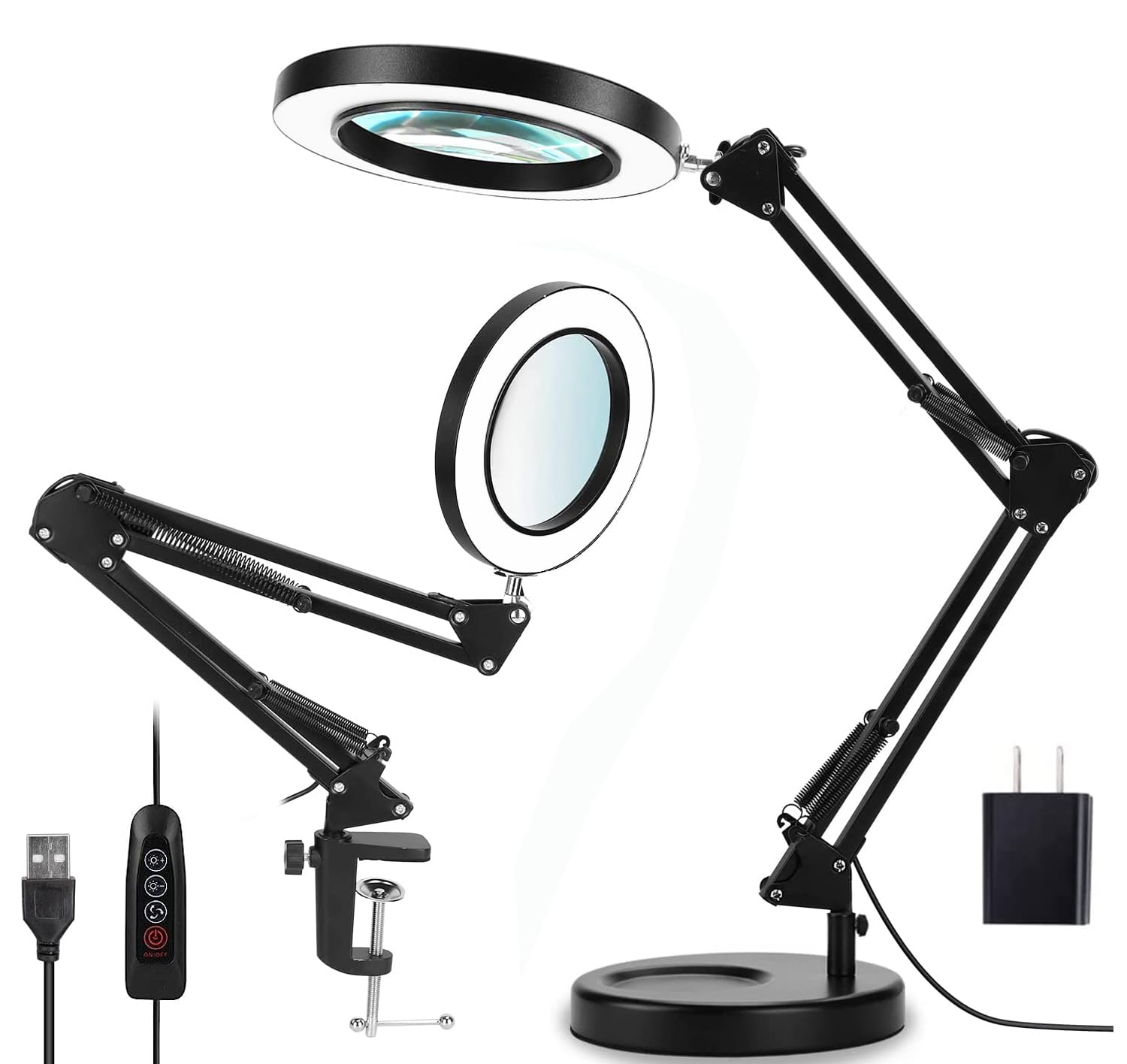 Qsky Magnifying Glass with Light and Stand, 10X Magnifying Lamp, 2-in-1 Desk Lamp with Clamp,3 Color Modes & Stepless Dimmable, LED Lighted Magnifier for Reading, Crafts, Repair Work (Black)