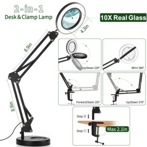 Qsky Magnifying Glass with Light and Stand, 10X Magnifying Lamp, 2-in-1 Desk Lamp with Clamp,3 Color Modes & Stepless Dimmable, LED Lighted Magnifier for Reading, Crafts, Repair Work (Black)