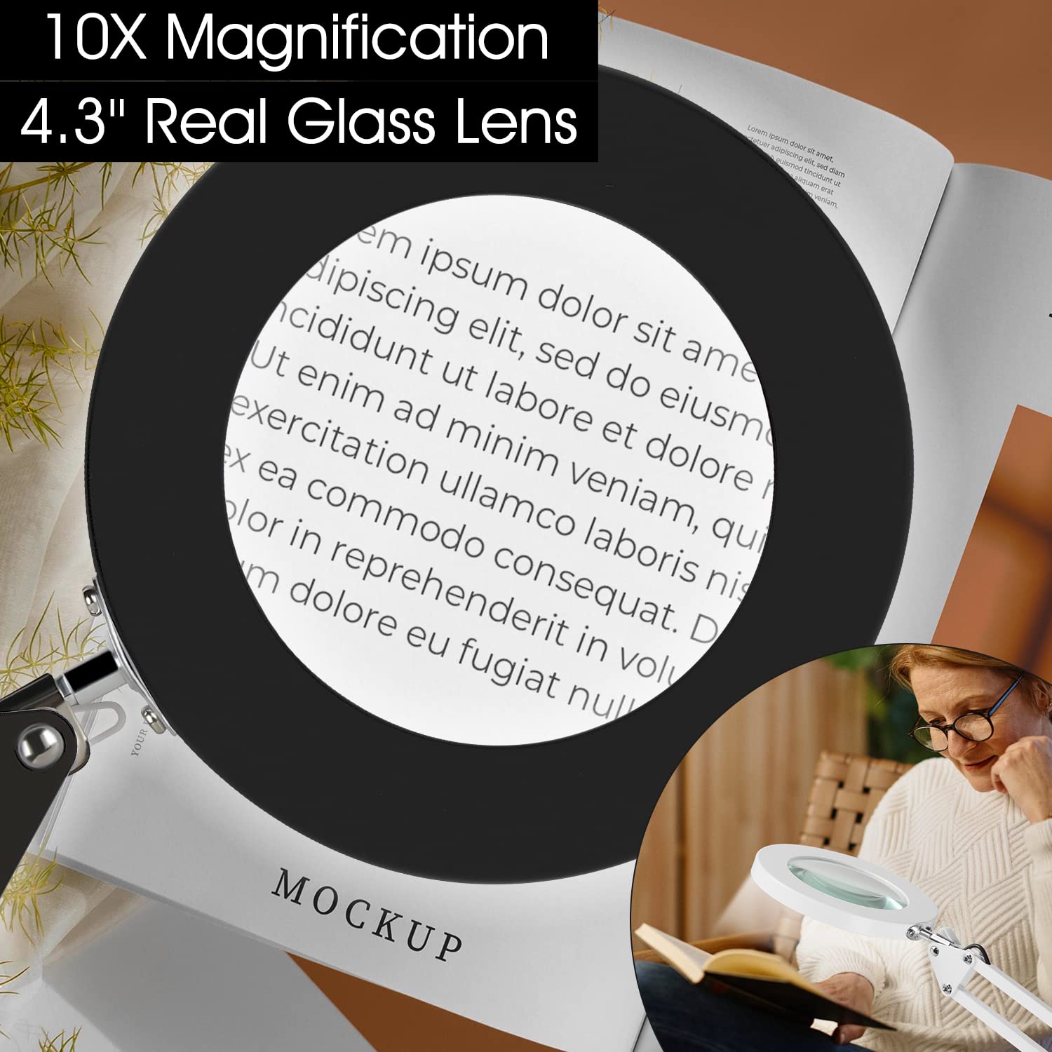 Qsky Magnifying Glass with Light and Stand, 10X Magnifying Lamp, 2-in-1 Desk Lamp with Clamp,3 Color Modes & Stepless Dimmable, LED Lighted Magnifier for Reading, Crafts, Repair Work (Black)