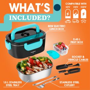 TRAVELISIMO Electric Lunch Box for Adults 80W, Fast Portable Heated Lunch Box 12/24/110V 1.5L Food Warmer Lunch Box, Leakproof, SS Container, for Car Truck Work, Loncheras para Hombres de Trabajo