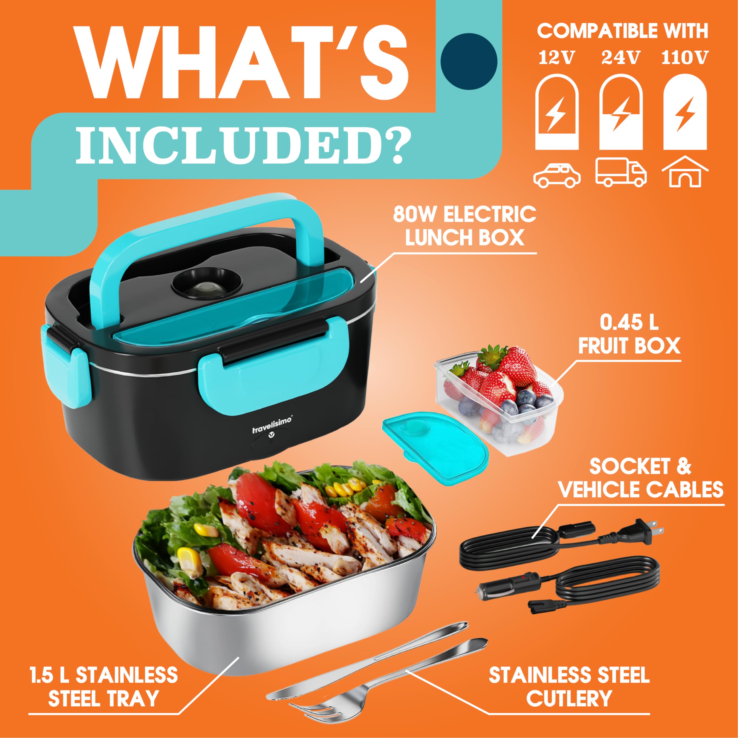 TRAVELISIMO Electric Lunch Box for Adults 80W, Fast Portable Heated Lunch Box 12/24/110V 1.5L Food Warmer Lunch Box, Leakproof, SS Container, for Car Truck Work, Loncheras para Hombres de Trabajo