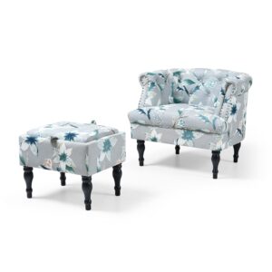 Upholstered Velvet Accent Chair with Ottoman Set for Living Room Modern Button Tufted Arm Chair and Storage Ottoman with Tray Contemporary Single Sofa Reading Chair Footrest Stool (Flower)