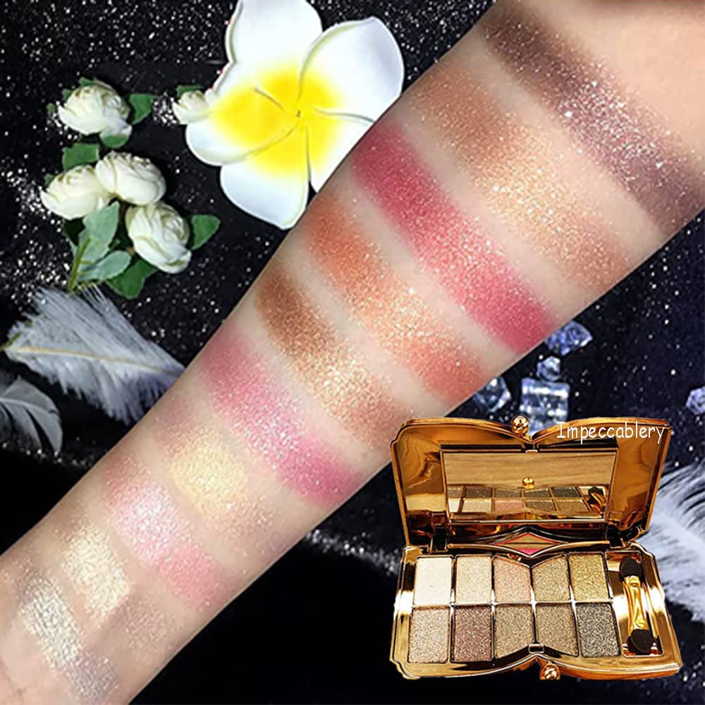 Glitter Eyeshadow Palette Makeup Set,10 Colors Shimmer Eyeshadow Palette Gold Eyeshadow Highly Pigmented Long Lasting Waterproof Sweatproof Professional Nude Eyeshadow Palette Make Up Palettes for Women Warm Natural Neutral Smokey Eye Eyeshadow Palette Va