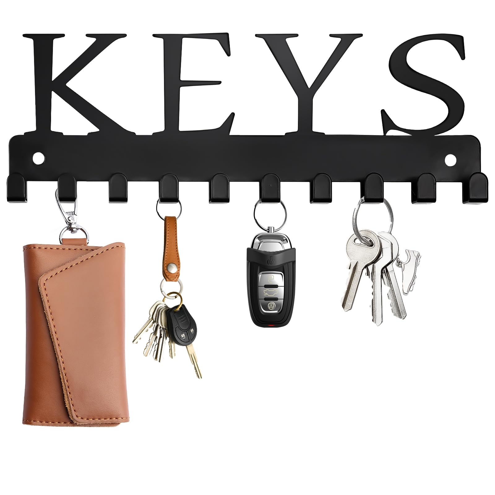 RELBRO Key Holder Wall Mount, Black Key Hanger Wall Decorative Key Rack Organizer Metal Adhesive Keychain Holder with 10 Key Hooks for Doorway Entryway Hallway Garage 2 Installation Ways