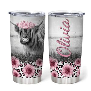 hyturtle personalized gifts for cow lover - birthday christmas - highland cow print custom name stainless steel tumbler 20oz with straw lid - farm lover gifts for her women girl daughter friend