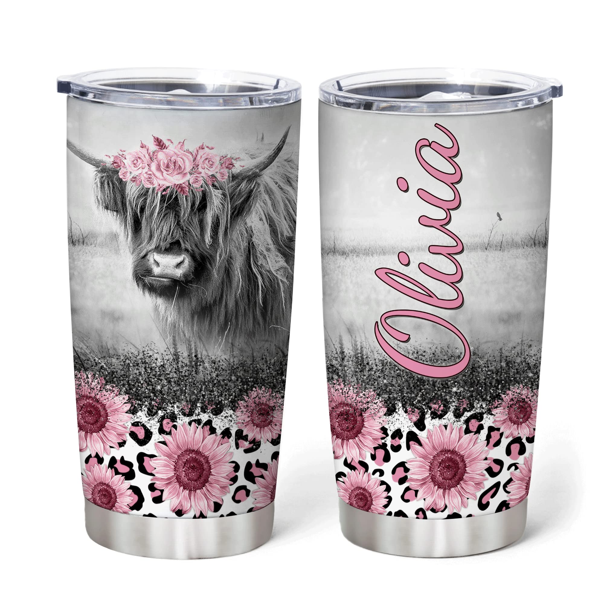 Hyturtle Personalized Gifts For Cow Lover - Birthday Christmas - Highland Cow Print Custom Name Stainless Steel Tumbler 20oz With Straw Lid - Farm Lover Gifts For Her Women Girl Daughter Friend