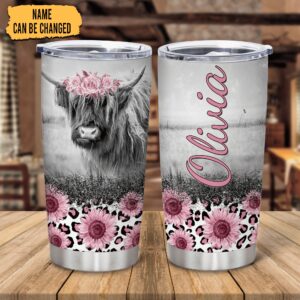 Hyturtle Personalized Gifts For Cow Lover - Birthday Christmas - Highland Cow Print Custom Name Stainless Steel Tumbler 20oz With Straw Lid - Farm Lover Gifts For Her Women Girl Daughter Friend