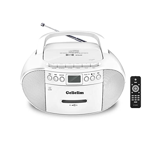 Gelielim CD and Cassette Player Combo, Portable Boombox AM/FM Radio, Tape Recording, 5.1V Bluetooth Speaker, USB Playback with Earphone Jack, Remote Control, AC/Battery Powered, for Home,Senior,Child