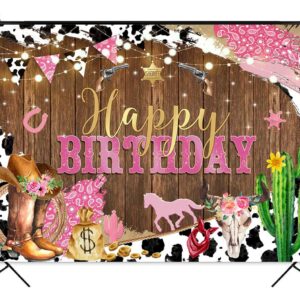 Mocsicka Western Cowgirl Birthday Backdrop Happy Birthday for Girl Party Decorations Banner Rustic West Rodeo Boot Country Birthday Photography Background Photo Booth Props(Pink, 7x5ft (82x60 inch))